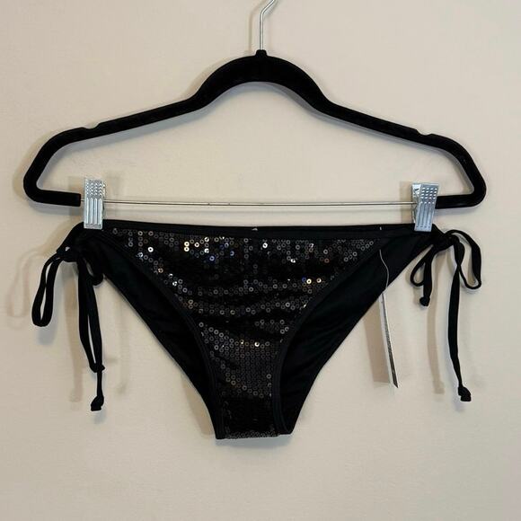 Kensie Two Piece Bikini Set L Black Sequins Halter Tie Straps Beach Summer NWT - Picture 10 of 16